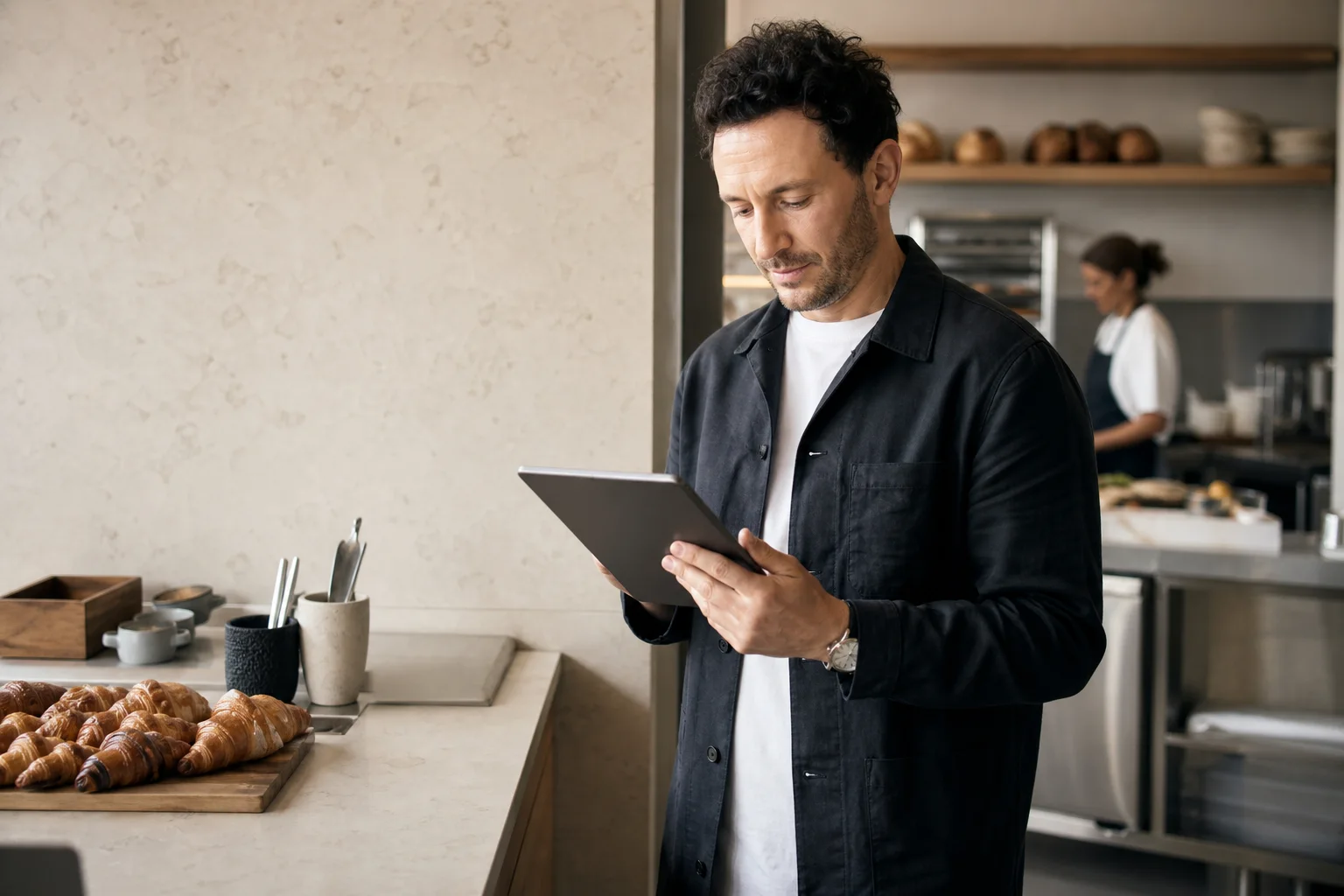A manager reviewing daily work on a tablet